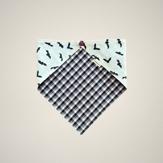 pet bandana with Halloween bat fabric and purple and black checkered fabric