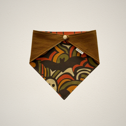 pet bandana with retro Halloween fabric and olive brown fabric
