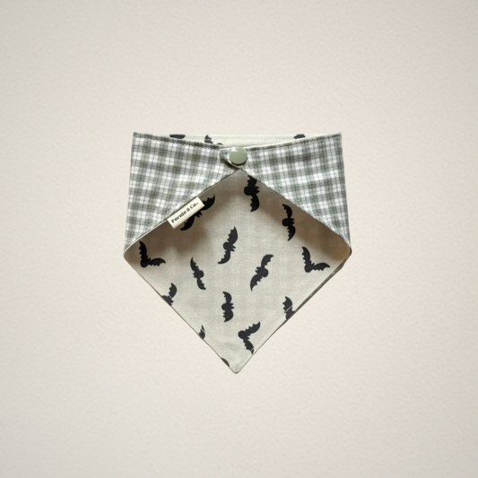 pet bandana with Halloween bat fabric and green and white plaid fabric