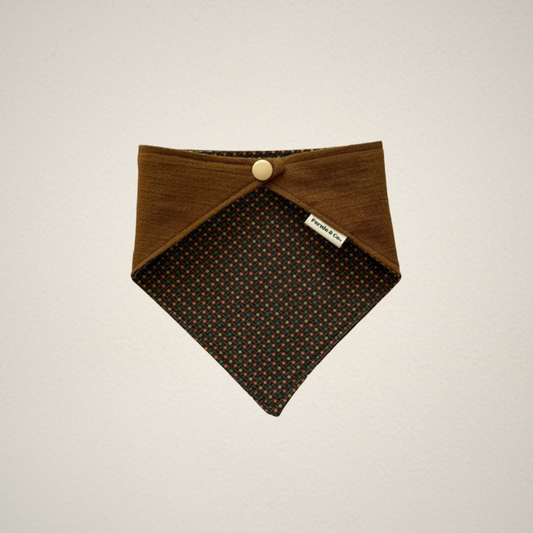 pet bandana with olive brown fabric and a multicolor patterned fabric