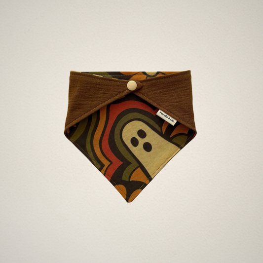 pet bandana with retro Halloween patterned fabric paired with an olive brown fabric