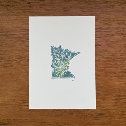 MN with Showy Lady's Slippers - Original Linocut Print