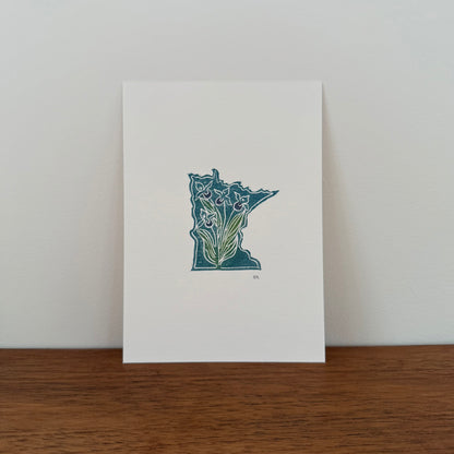 MN with Showy Lady's Slippers - Original Linocut Print