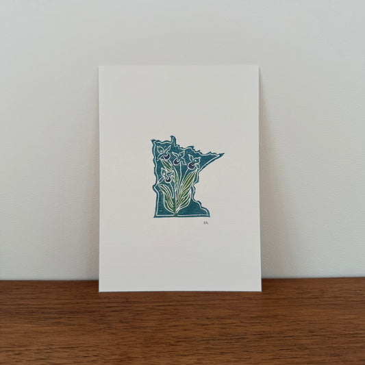 MN with Showy Lady's Slippers - Original Linocut Print