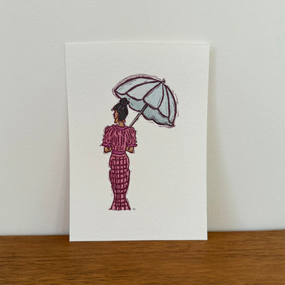 "Out and About"- Original Linocut Print with Watercolor-Black Hair