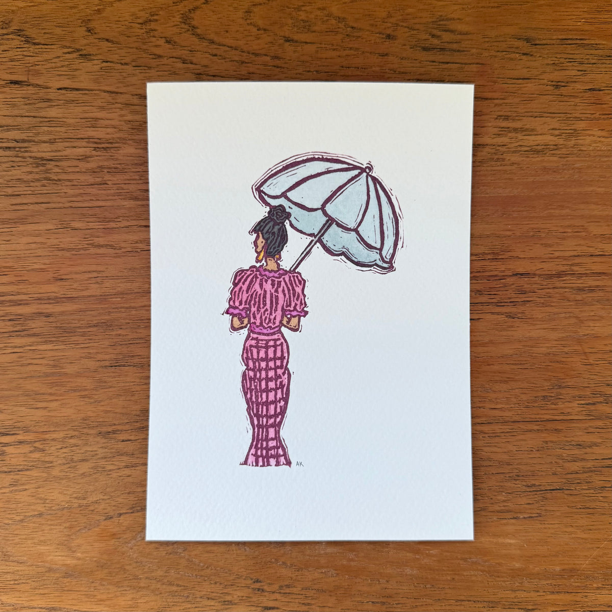 "Out and About"- Original Linocut Print with Watercolor-Black Hair