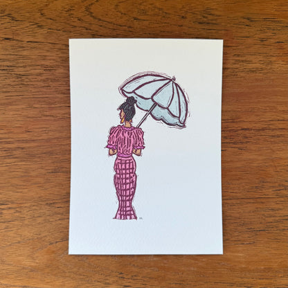 "Out and About"- Original Linocut Print with Watercolor-Black Hair