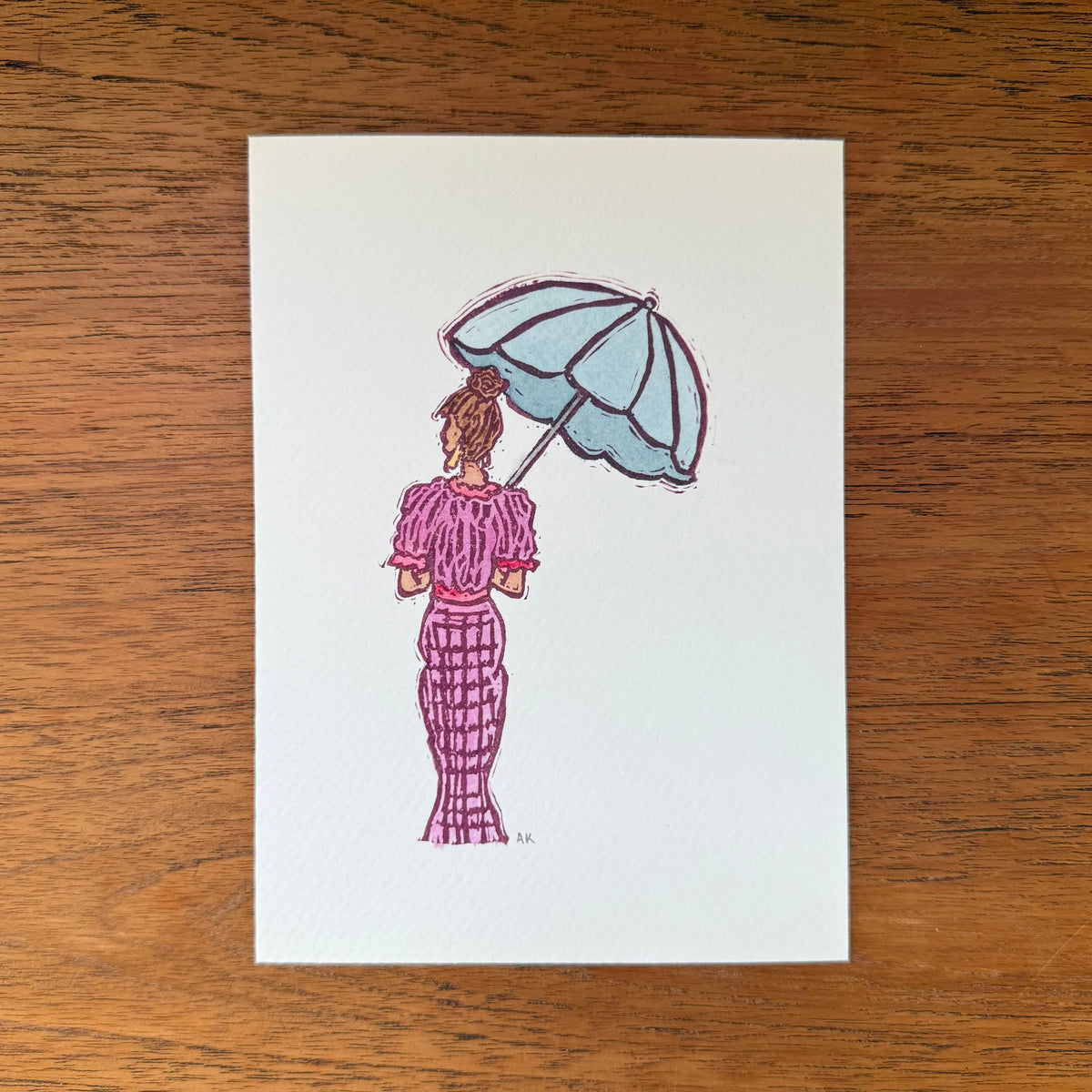 "Out and About"- Original Linocut Print with Watercolor-Light Brown Hair