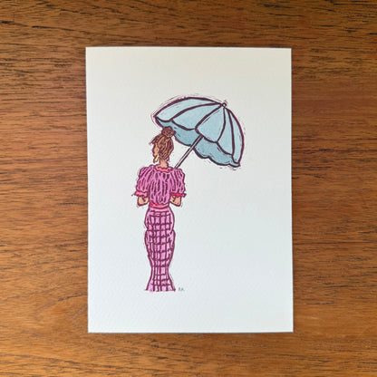 "Out and About"- Original Linocut Print with Watercolor-Light Brown Hair