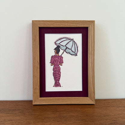 "Out and About"- Original Linocut Print with Watercolor-Black Hair