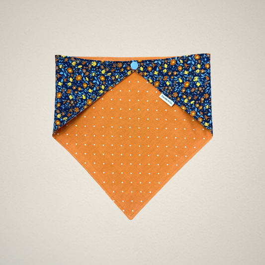 Pet bandana with orange polka dots and blue floral pattern
