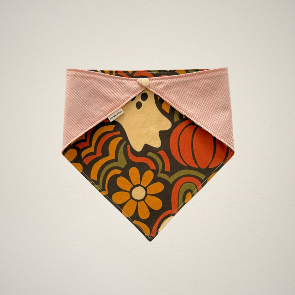 pet bandana with retro Halloween pattern and coral plaid fabric