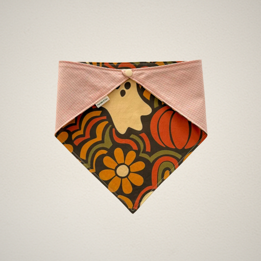 pet bandana with retro Halloween pattern and coral plaid fabric