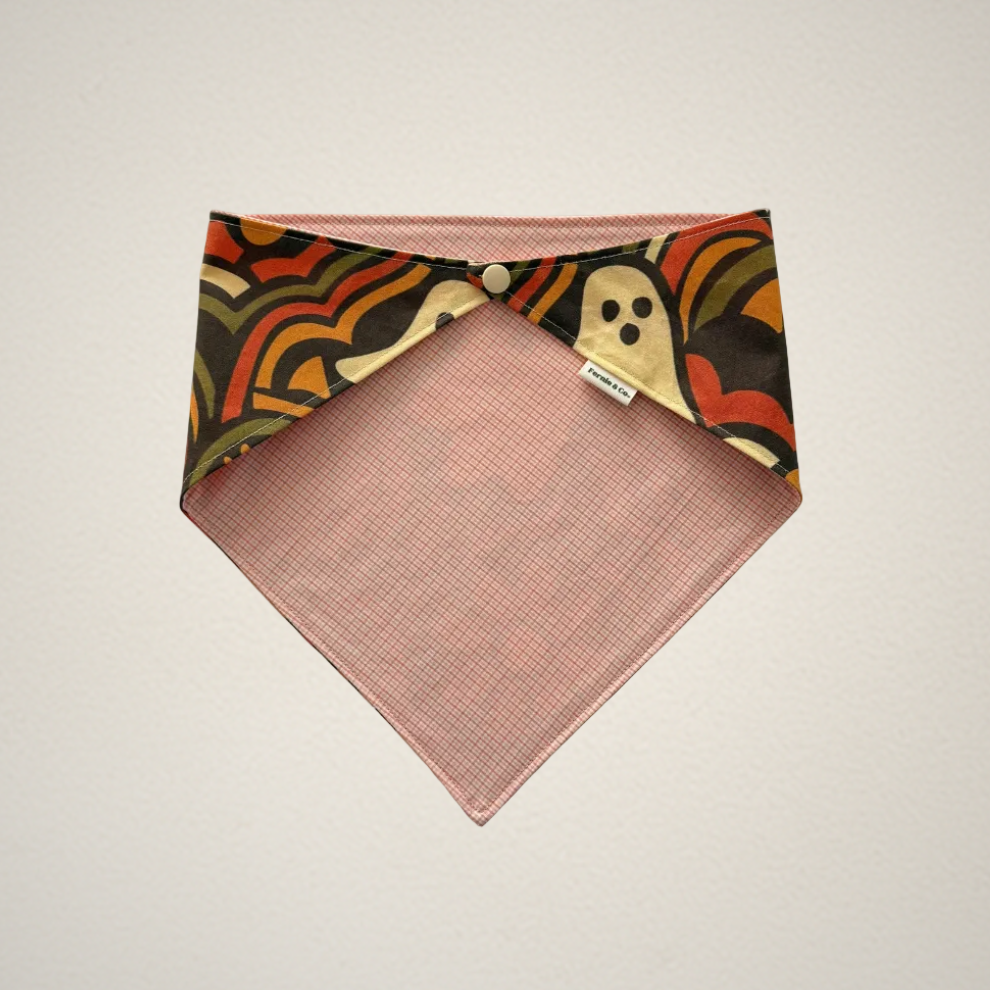 pet bandana with retro Halloween pattern and coral plaid fabric