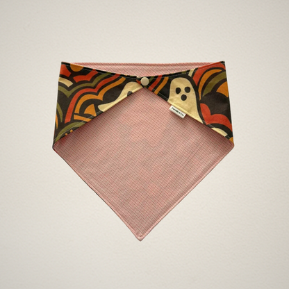 pet bandana with retro Halloween pattern and coral plaid fabric