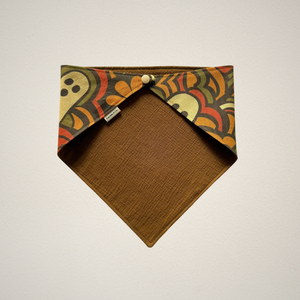 pet bandana with retro Halloween pattern and olive brown fabric