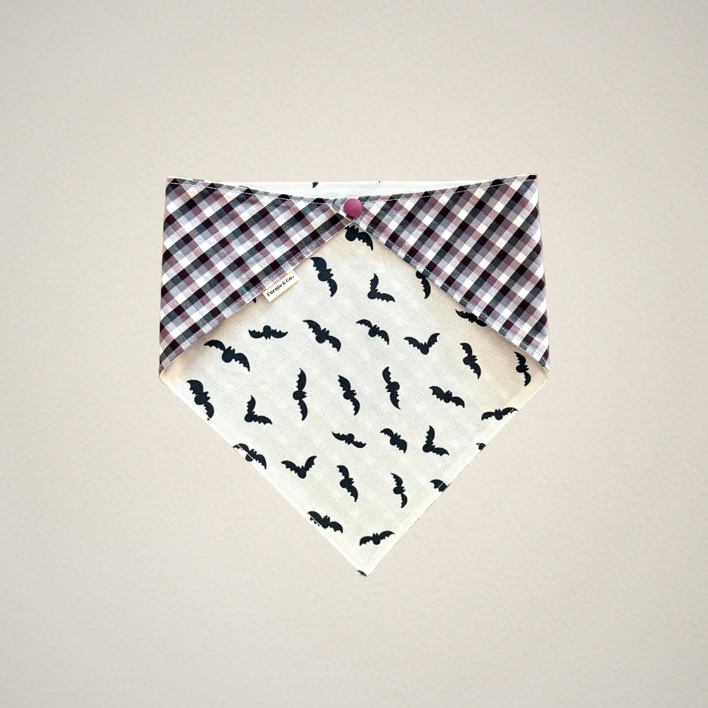 pet bandana with Halloween bat fabric and purple and black checkered fabric