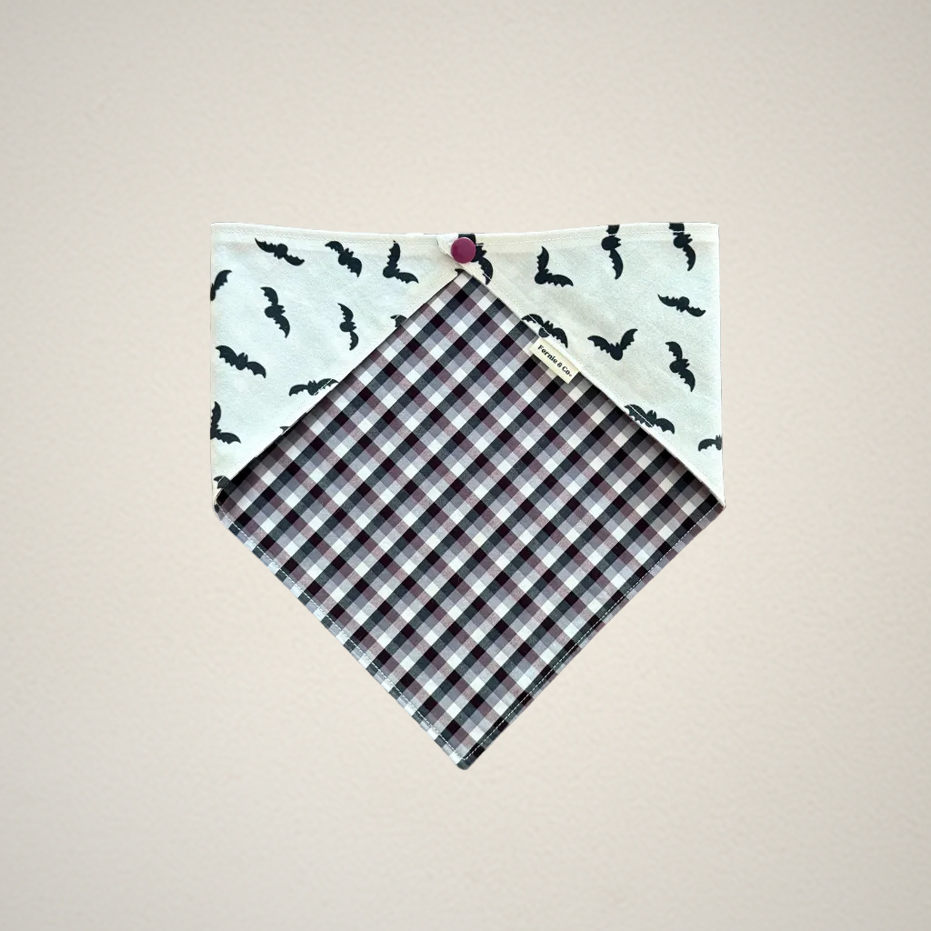 pet bandana with Halloween bat fabric and purple and black checkered fabric