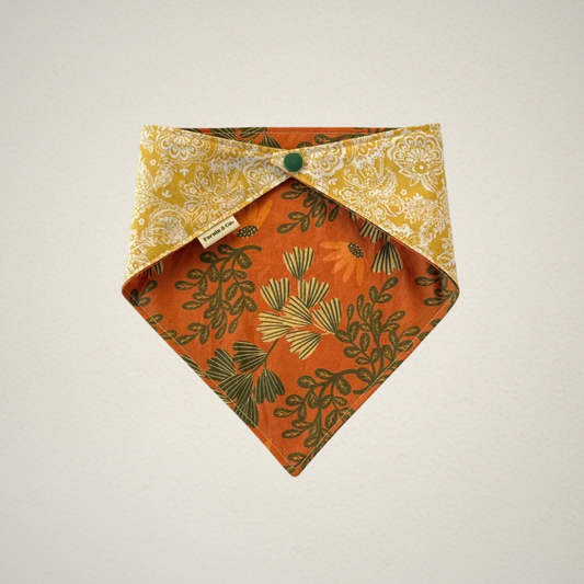 pet bandana with orange floral fabric and yellow and white paisley fabric