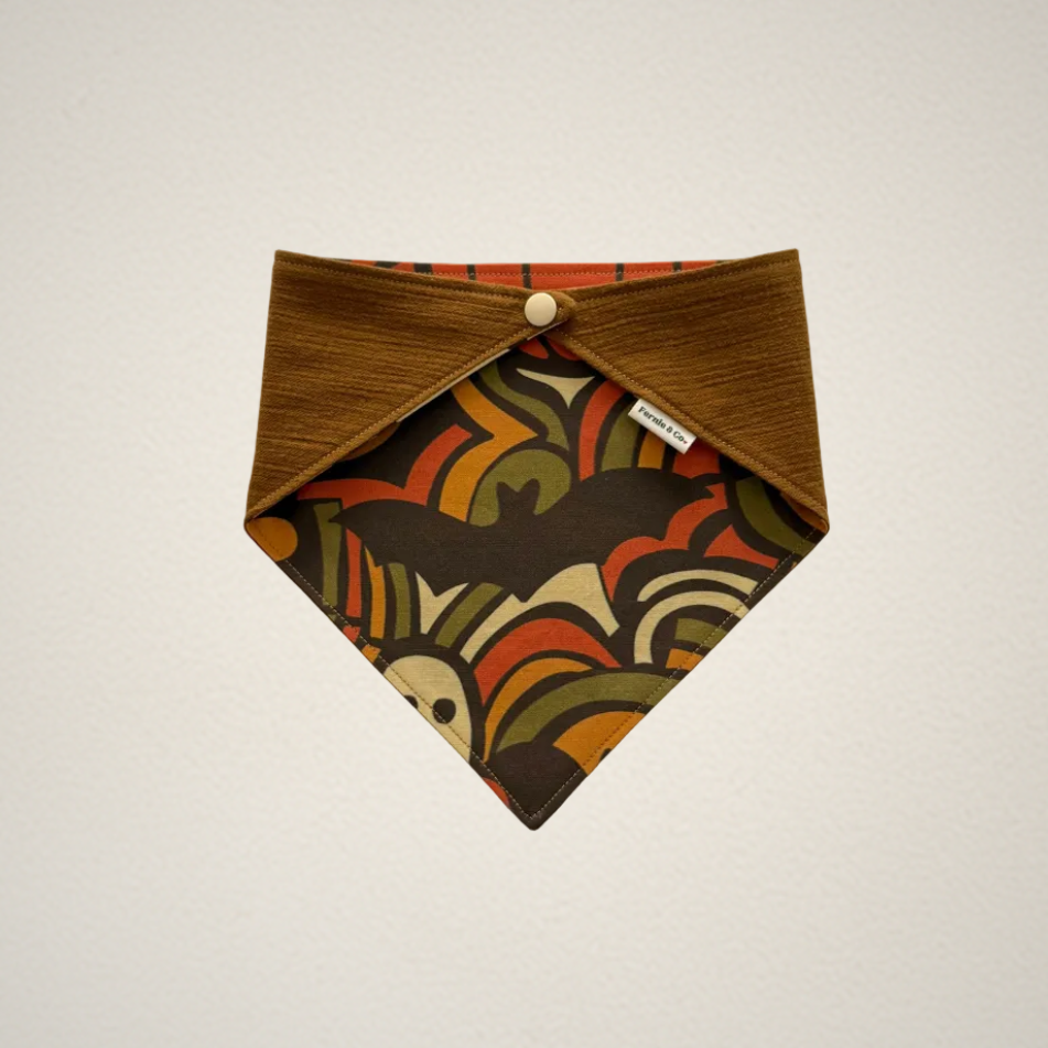 pet bandana with retro Halloween fabric and olive brown fabric