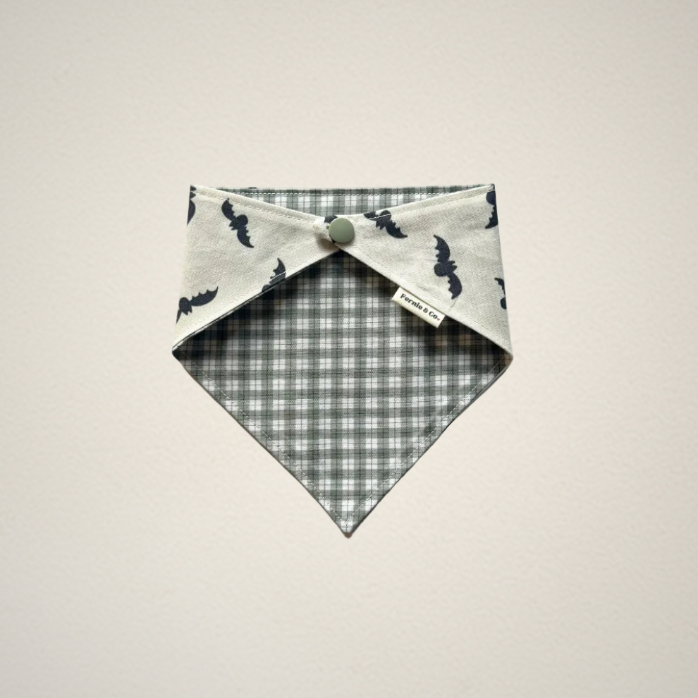 pet bandana with Halloween bat fabric and green and white plaid fabric