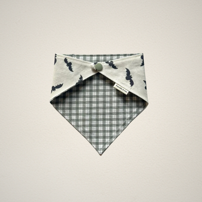 pet bandana with Halloween bat fabric and green and white plaid fabric