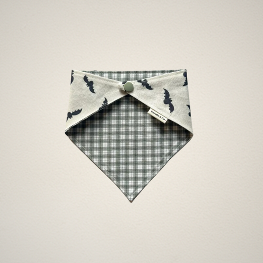 pet bandana with Halloween bat fabric and green and white plaid fabric