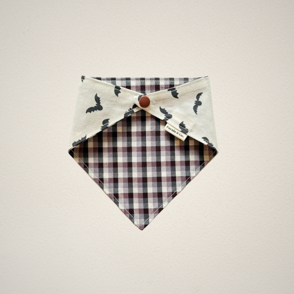 pet bandana with Halloween bat fabric and purple and black checkered fabric