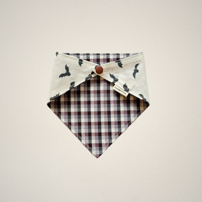 pet bandana with Halloween bat fabric and purple and black checkered fabric
