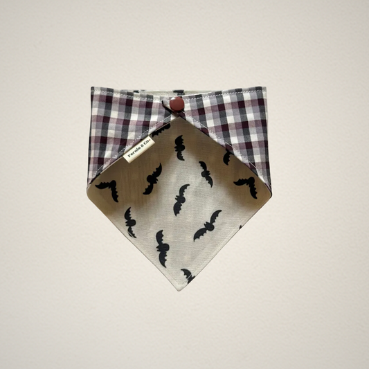pet bandana with Halloween bat fabric and purple and black checkered fabric