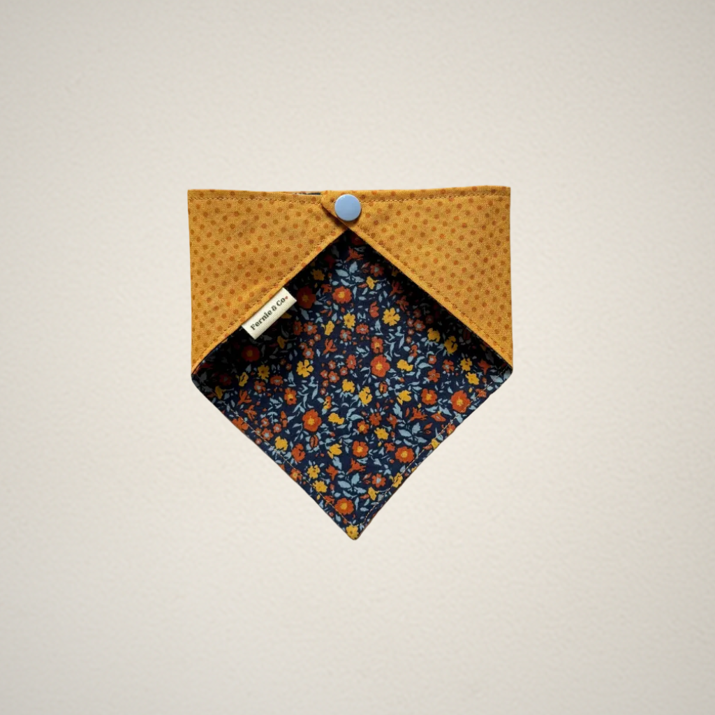 pet bandana with multicolor blue floral fabric and rust color fabric with dots