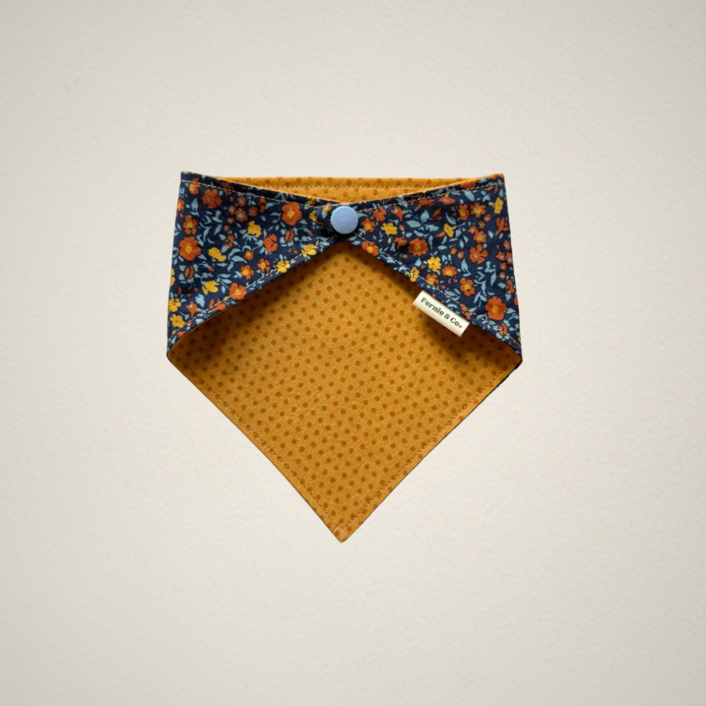 pet bandana with multicolor blue floral fabric and rust color fabric with dots