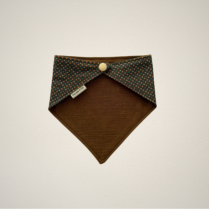 pet bandana with olive brown fabric and a multicolor patterned fabric