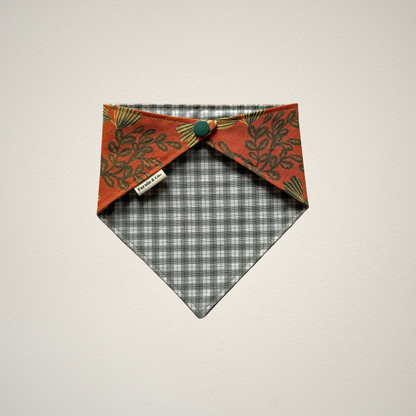 pet bandana with orange floral fabric and green and white checkered fabric