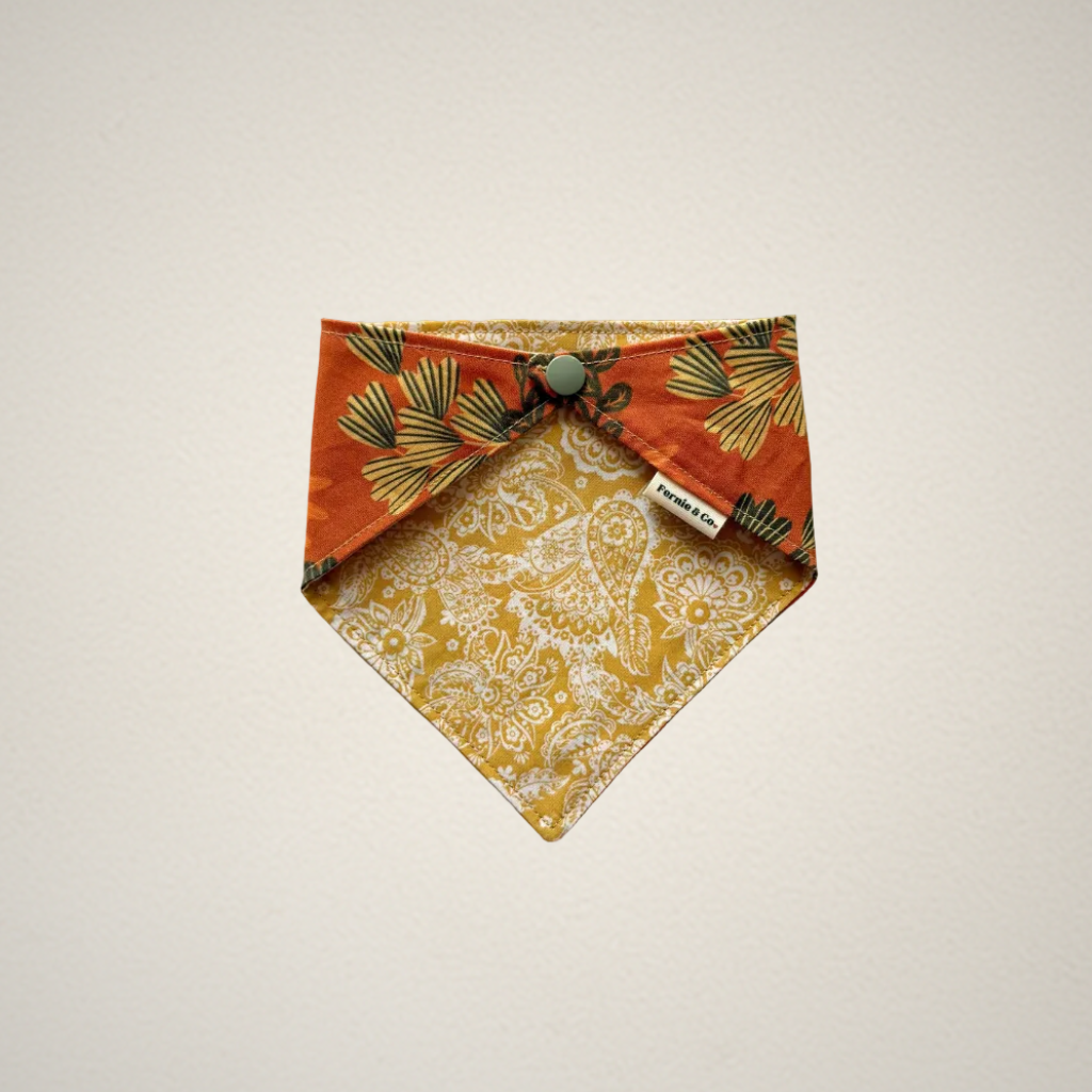 pet bandana with orange floral fabric and yellow and white paisley fabric