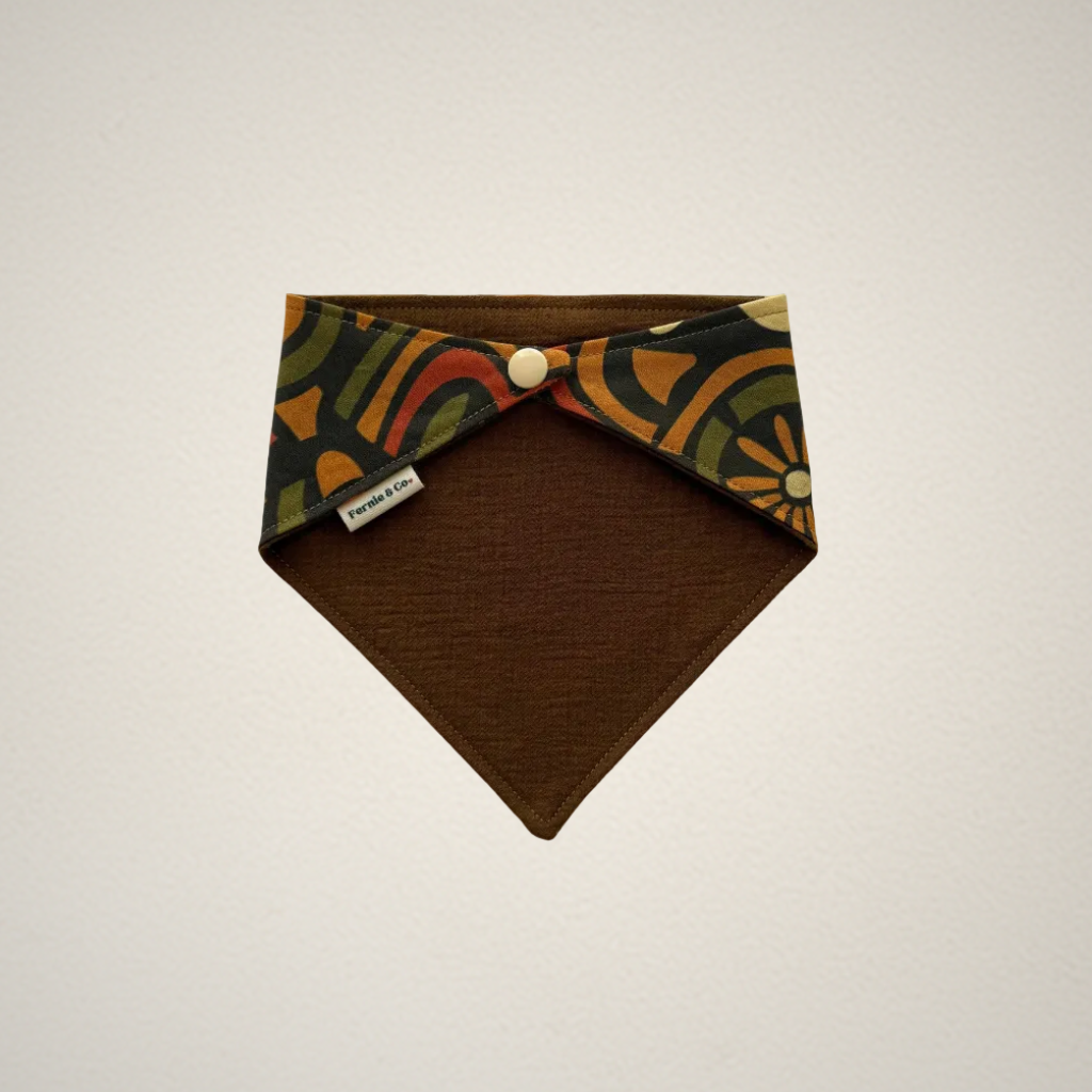 pet bandana with retro Halloween patterned fabric paired with an olive brown fabric
