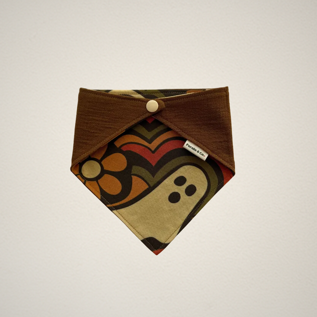 pet bandana with retro Halloween patterned fabric paired with an olive brown fabric