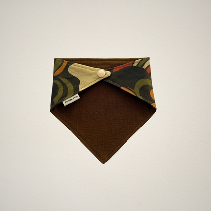 pet bandana with retro Halloween patterned fabric paired with an olive brown fabric