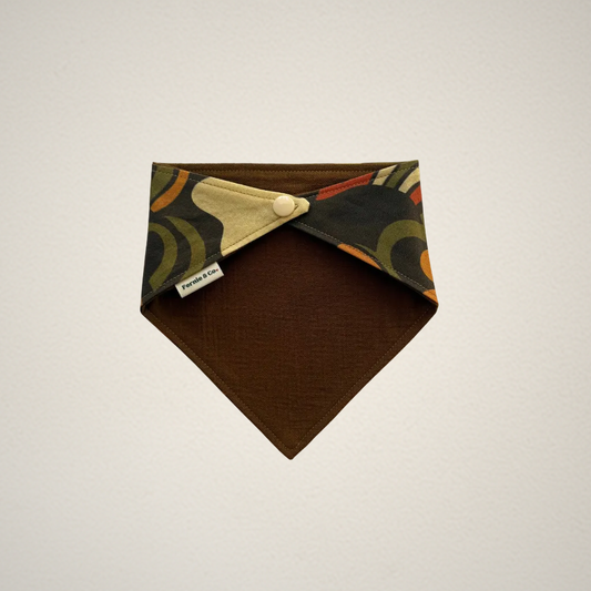 pet bandana with retro Halloween patterned fabric paired with an olive brown fabric