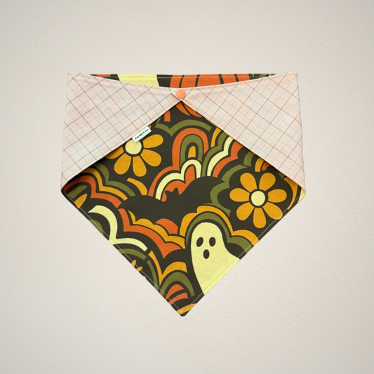 pet bandana with retro Halloween fabric and coral plaid fabric
